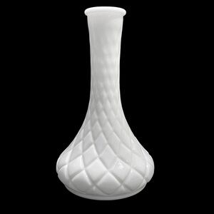 Vintage 1950s Hoosier Quilted Diamond Pattern Milk Glass Bud Vase - Mid-Century